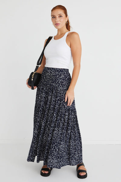 Playful Tiered Maxi Skirt - Navy Leaf