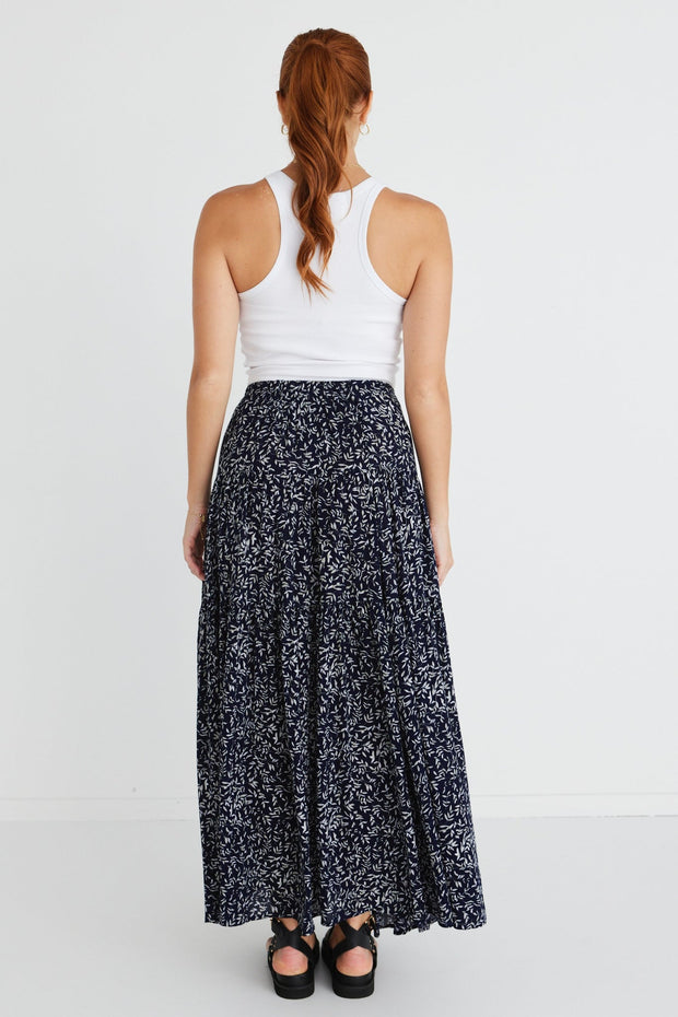 Playful Tiered Maxi Skirt - Navy Leaf