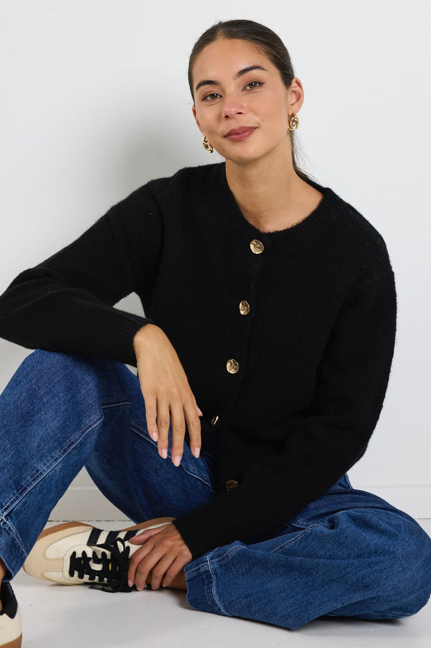 Imprint Knit Crewneck Cardigan - Black