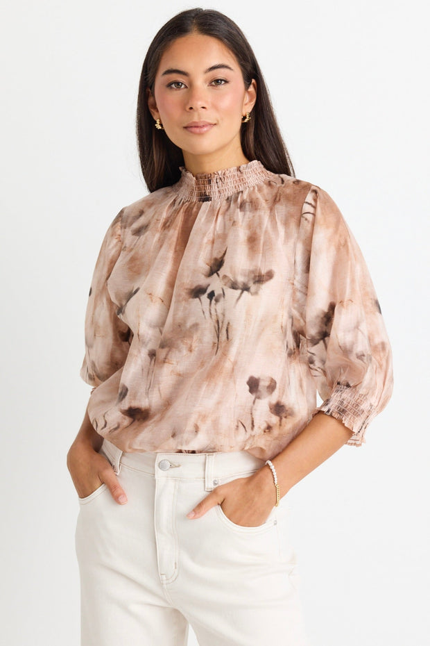 Influential Faded Shirred Top - Chocolate Floral