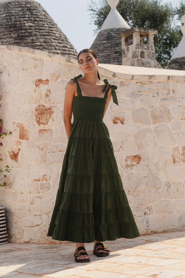 Isabella Cotton Poplin Strappy Maxi Dress - Khaki