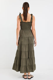 Isabella Cotton Poplin Strappy Maxi Dress - Khaki