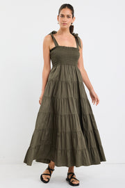 Isabella Cotton Poplin Strappy Maxi Dress - Khaki