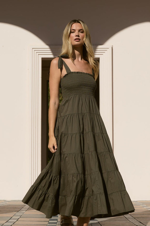 Isabella Cotton Poplin Strappy Maxi Dress - Khaki