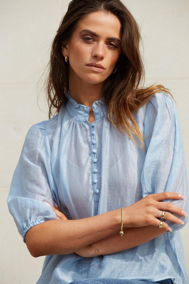 Closure Sheer High Neck Top - Pale Blue