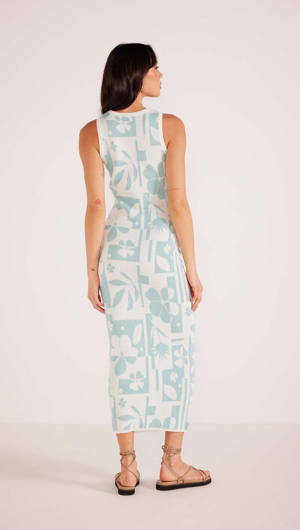 Lacy Intarsia Knit Midi Dress - White/Blue Floral
