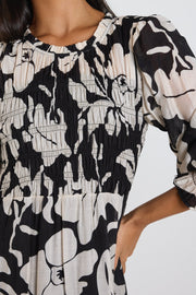 Limitless L/S Shirred Maxi Dress - Black Floral