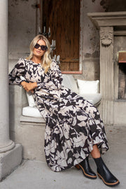 Limitless L/S Shirred Maxi Dress - Black Floral