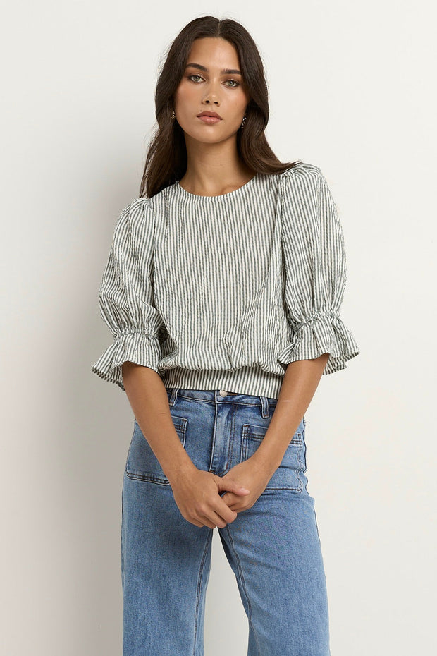 Lovely Shirred Back Top - Khaki Stripe