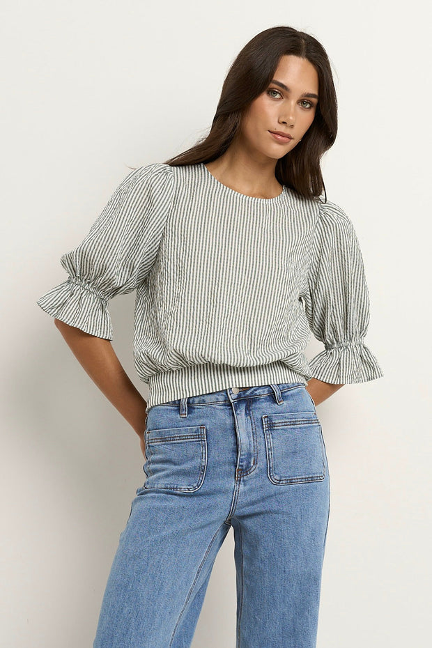 Lovely Shirred Back Top - Khaki Stripe