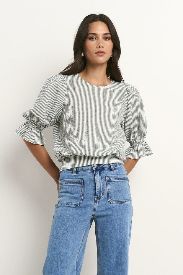 Lovely Shirred Back Top - Khaki Stripe
