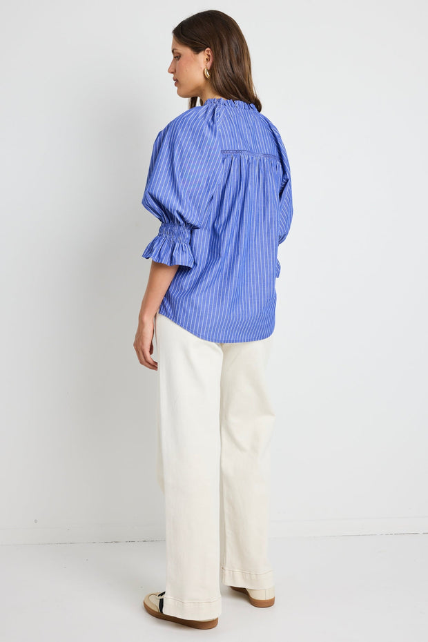 Noetic Short Sleeve Blouse - Blue Stripe