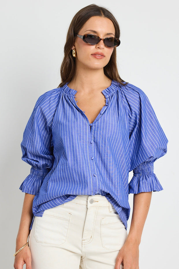 Noetic Short Sleeve Blouse - Blue Stripe