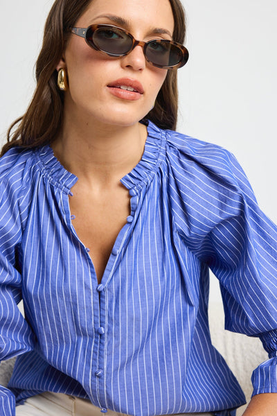 Noetic Short Sleeve Blouse - Blue Stripe