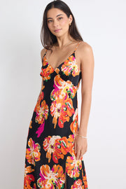 Otherworldly Satin Slip Midi Dress - Black/Orange Floral