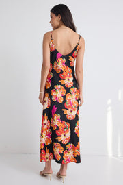 Otherworldly Satin Slip Midi Dress - Black/Orange Floral