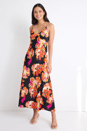 Otherworldly Satin Slip Midi Dress - Black/Orange Floral