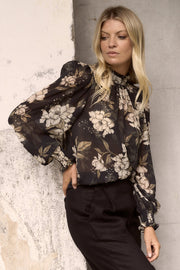 Poet Long Sleeve  High Neck Top - Black Floral