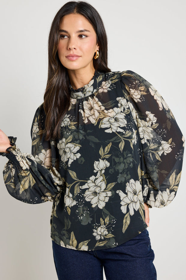 Poet Long Sleeve  High Neck Top - Black Floral