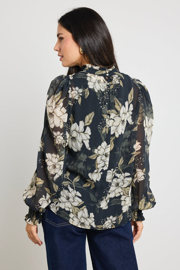 Poet Long Sleeve  High Neck Top - Black Floral