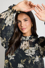 Poet Long Sleeve  High Neck Top - Black Floral
