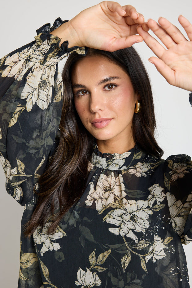 Poet Long Sleeve  High Neck Top - Black Floral