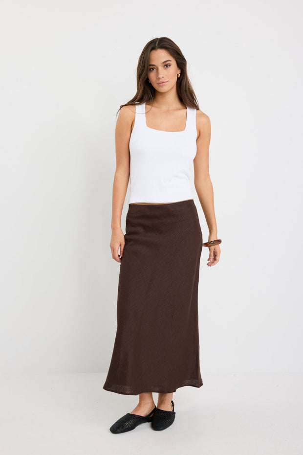 Bliss Linen Bias Midi Skirt - Dark Chocolate