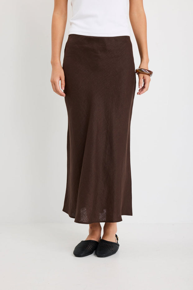 Bliss Linen Bias Midi Skirt - Dark Chocolate