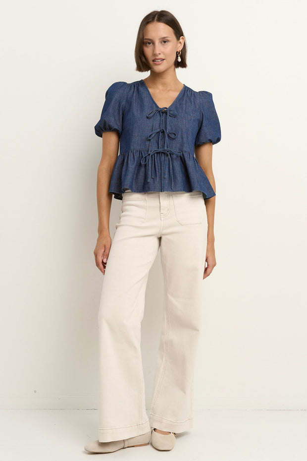 Restore Peplum S/S top - Storm Blue Chambray