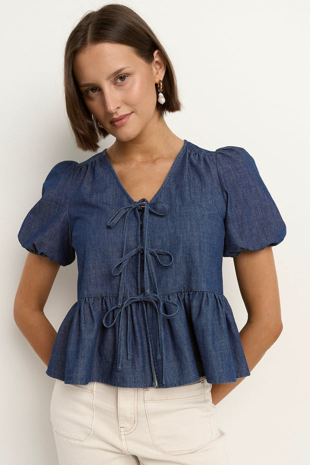 Restore Peplum S/S top - Storm Blue Chambray