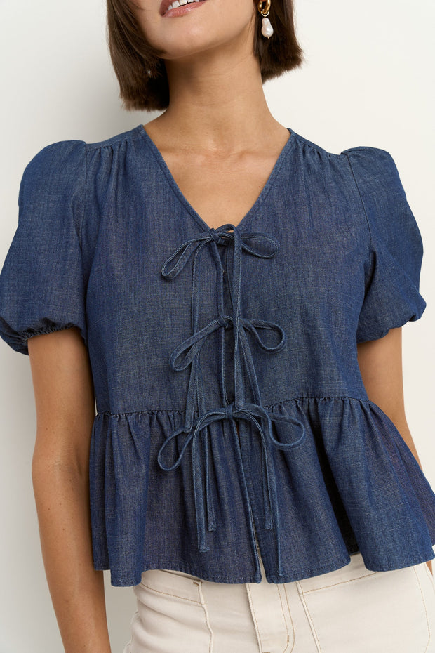 Restore Peplum S/S top - Storm Blue Chambray
