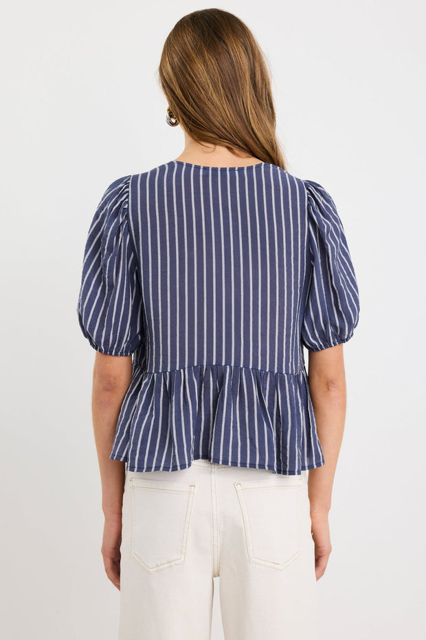 Restore Peplum S/S top - Navy Stripe