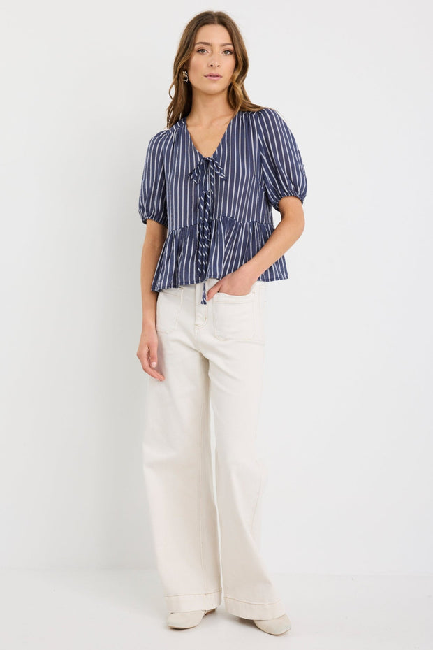 Restore Peplum S/S top - Navy Stripe