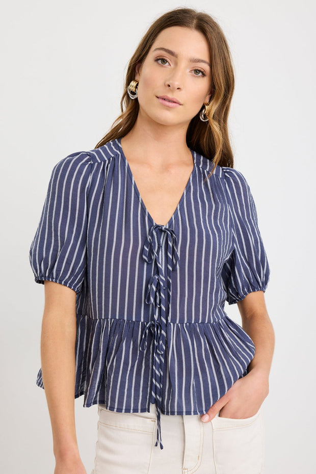Restore Peplum S/S top - Navy Stripe