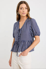 Restore Peplum S/S top - Navy Stripe