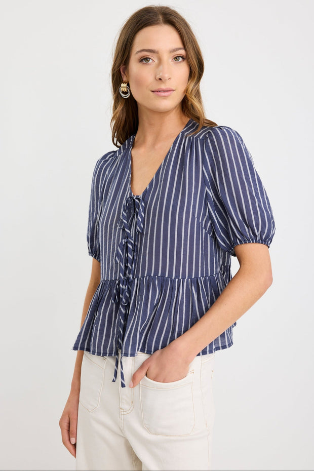 Restore Peplum S/S top - Navy Stripe