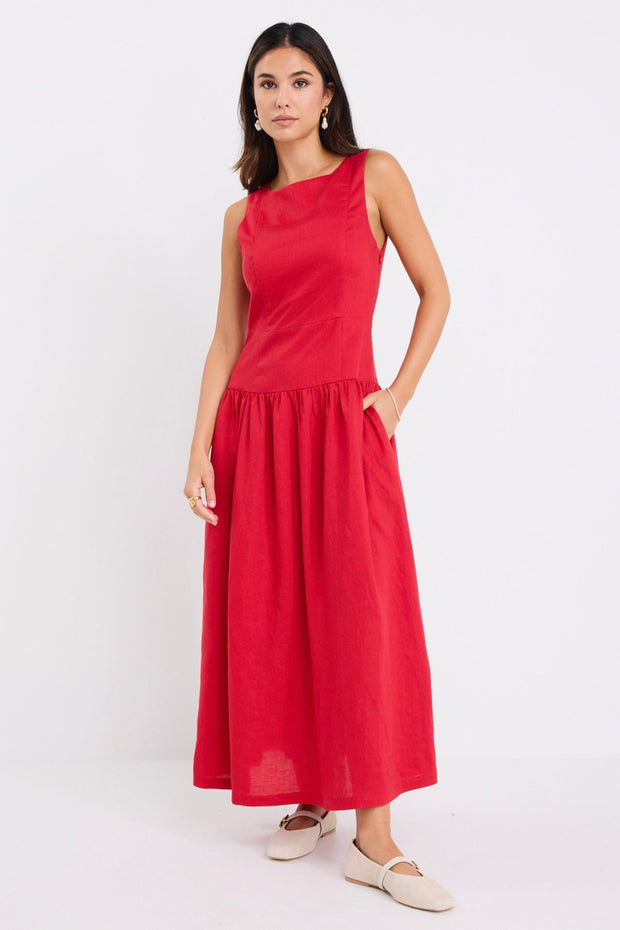 Results Linen Blend Structured Sleeveless Maxi Dress - Red