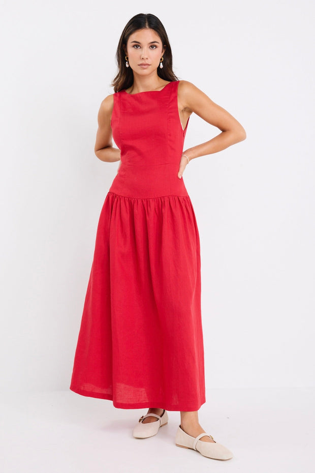 Results Linen Blend Structured Sleeveless Maxi Dress - Red