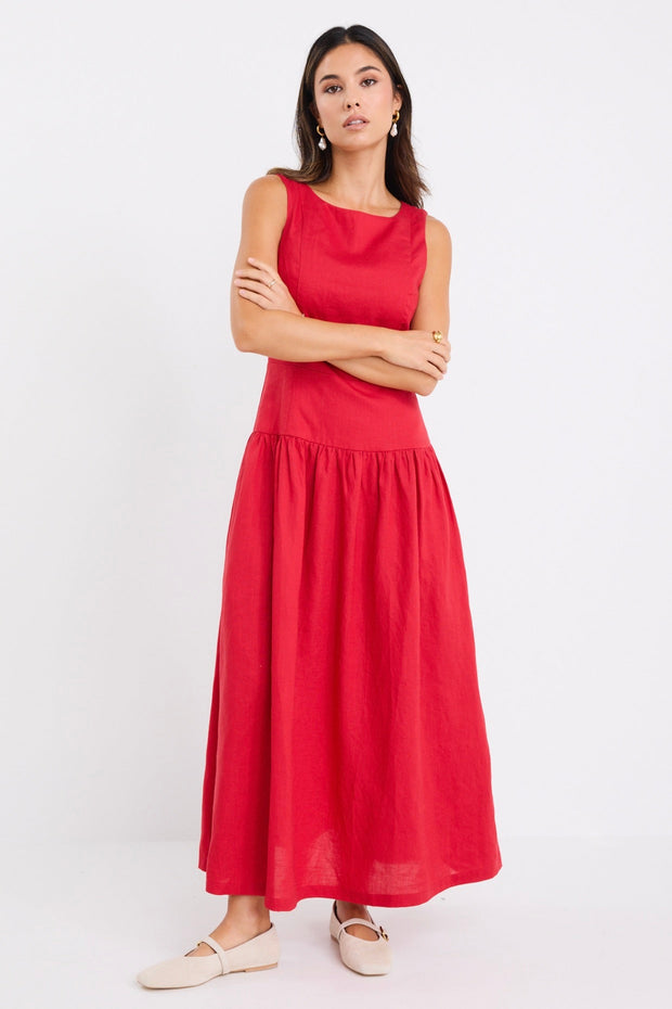 Results Linen Blend Structured Sleeveless Maxi Dress - Red
