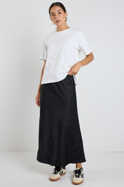 Rosette Satin Bias Midi Skirt - Black
