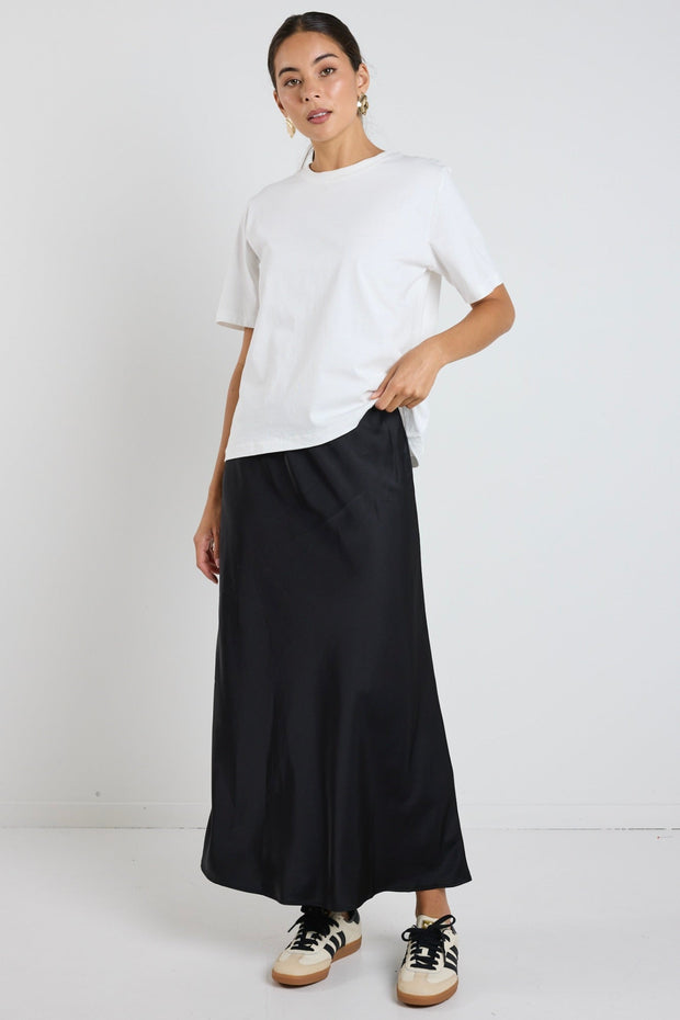 Rosette Satin Bias Midi Skirt - Black