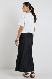 Rosette Satin Bias Midi Skirt - Black