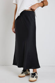 Rosette Satin Bias Midi Skirt - Black