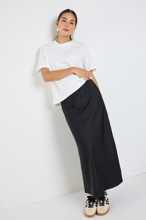 Rosette Satin Bias Midi Skirt - Black