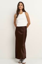 Rosette Satin Bias Midi Skirt - Chocolate