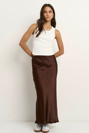 Rosette Satin Bias Midi Skirt - Chocolate