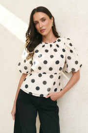 Finali Puff Sleeve Top - Cream/Black Polka Dot