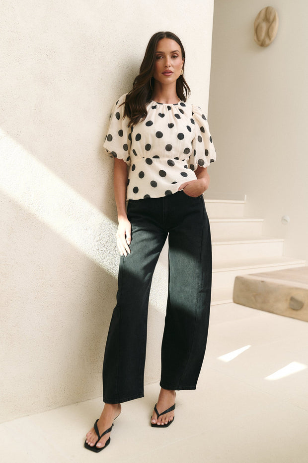 Finali Puff Sleeve Top - Cream/Black Polka Dot