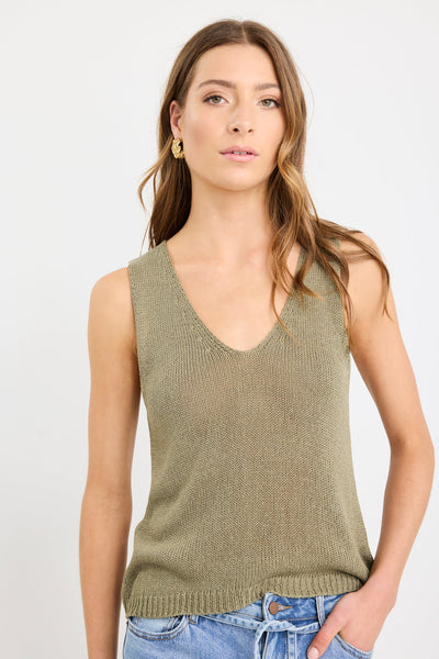 Settler V Neck Knit Top - Khaki