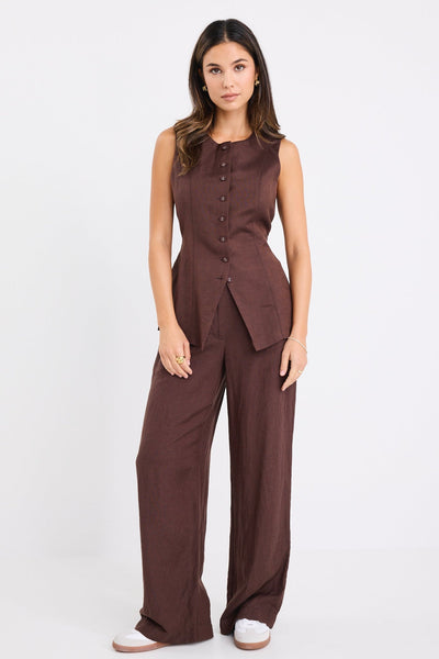 Shelter Linen Viscose Flat Front Pant - Chocolate